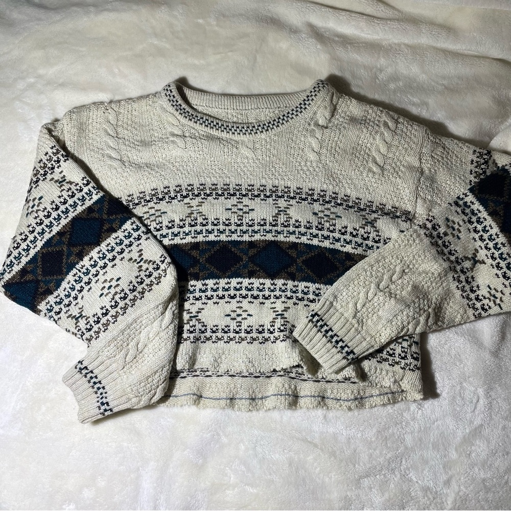 Jantzen Vintage Cream Brown & Blue Patterned Cropped Sweater